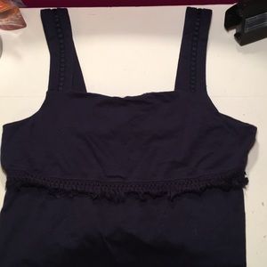 Navy blue tank top with embellishments and fringe
